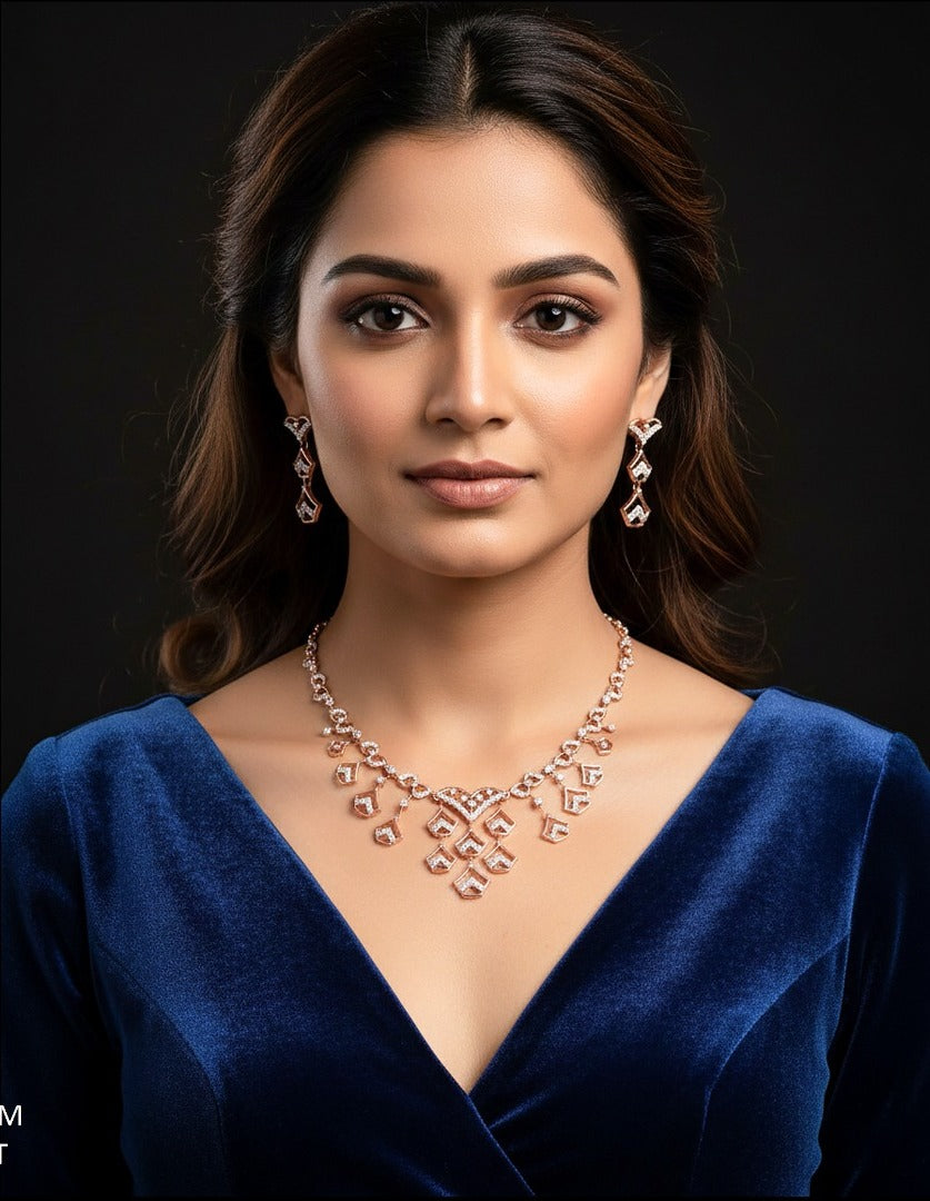 Woman wearing rose gold diamond chevron-drop necklace set — party wear and gifting jewelry in Dubai, UAE