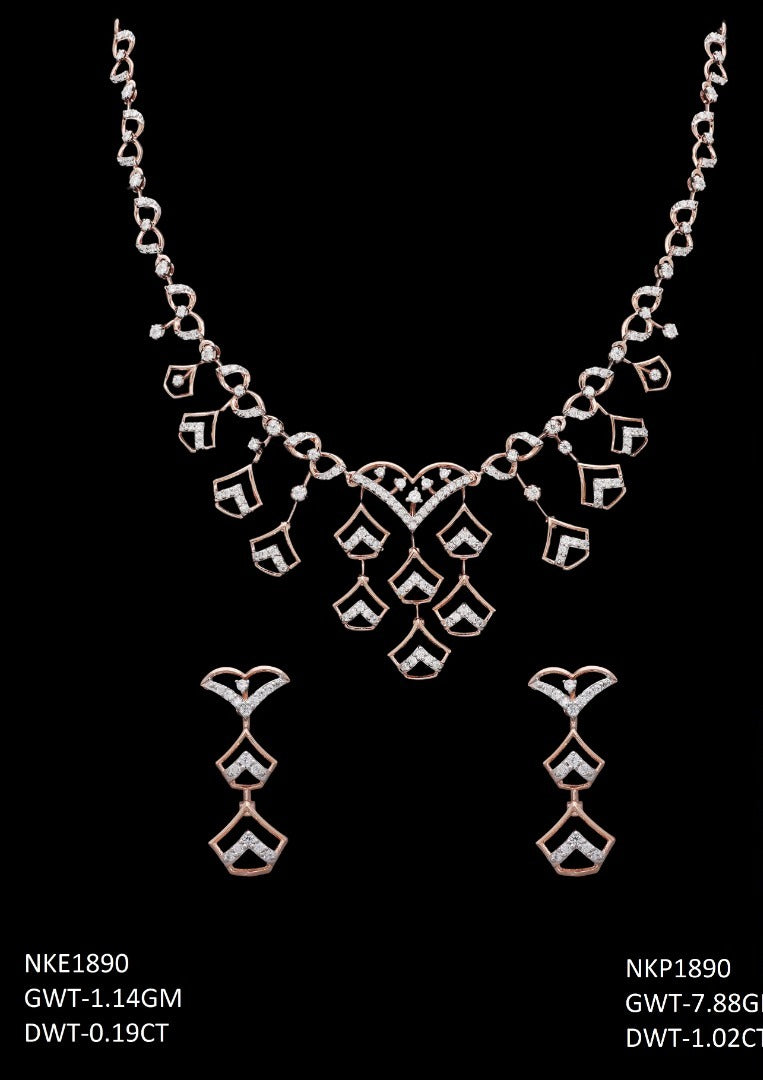 18K rose gold diamond necklace and earring set — party wear bridal jewelry, ideal gift, Dubai UAE