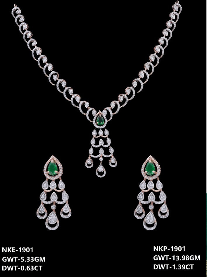 18K rose gold diamond and emerald necklace and earring set — party wear bridal jewelry, ideal gift, Dubai UAE