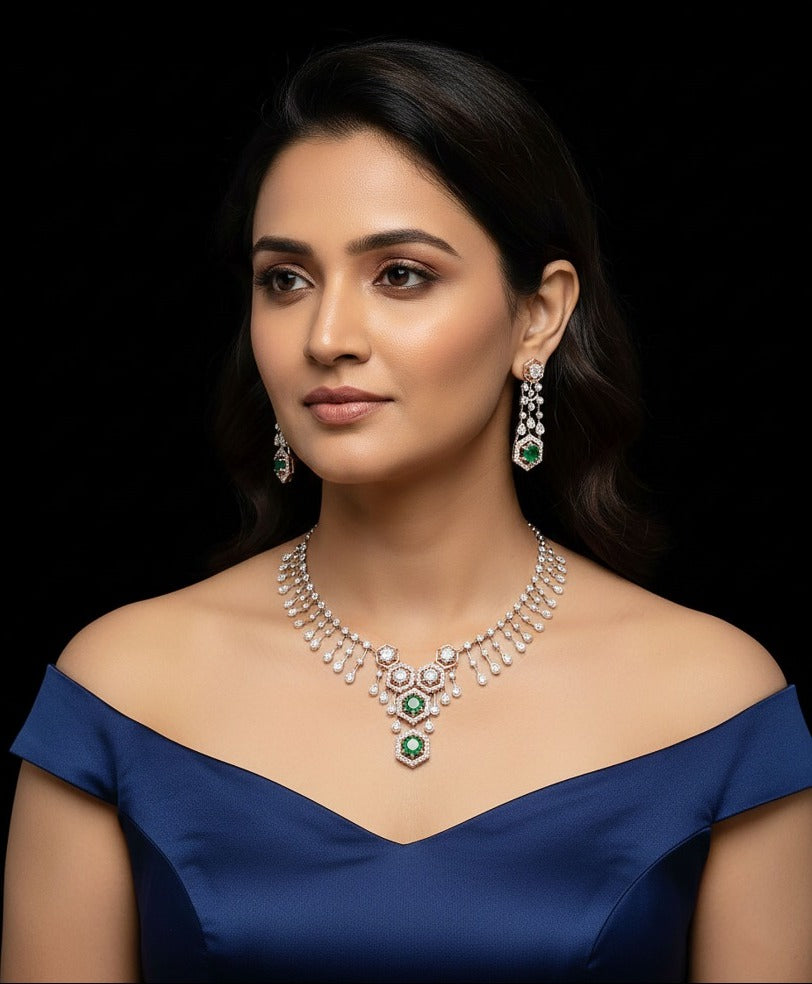 Woman wearing rose gold diamond and emerald necklace set — party wear and gifting jewelry in Dubai, UAE