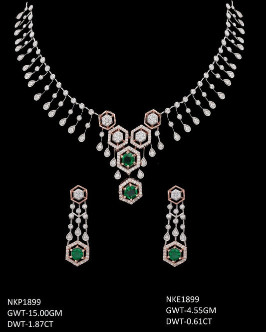18K rose gold diamond and emerald necklace and earring set — party wear bridal jewelry, ideal gift, Dubai UAE