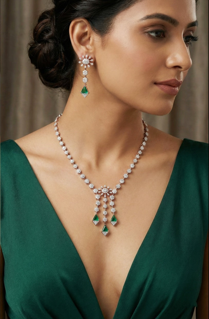 Woman wearing rose gold diamond and emerald necklace set — party wear and gifting jewelry in Dubai, UAE