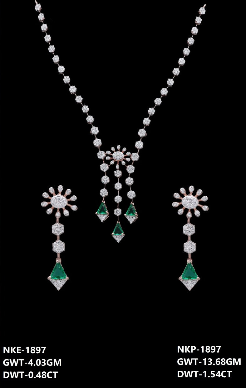 18K rose gold diamond and emerald necklace and earring set — party wear bridal jewelry, ideal gift, Dubai UAE