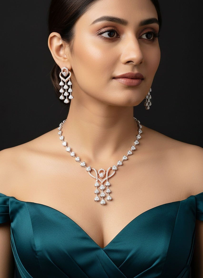 Woman wearing rose gold diamond necklace set — party wear and gifting jewelry in Dubai, UAE