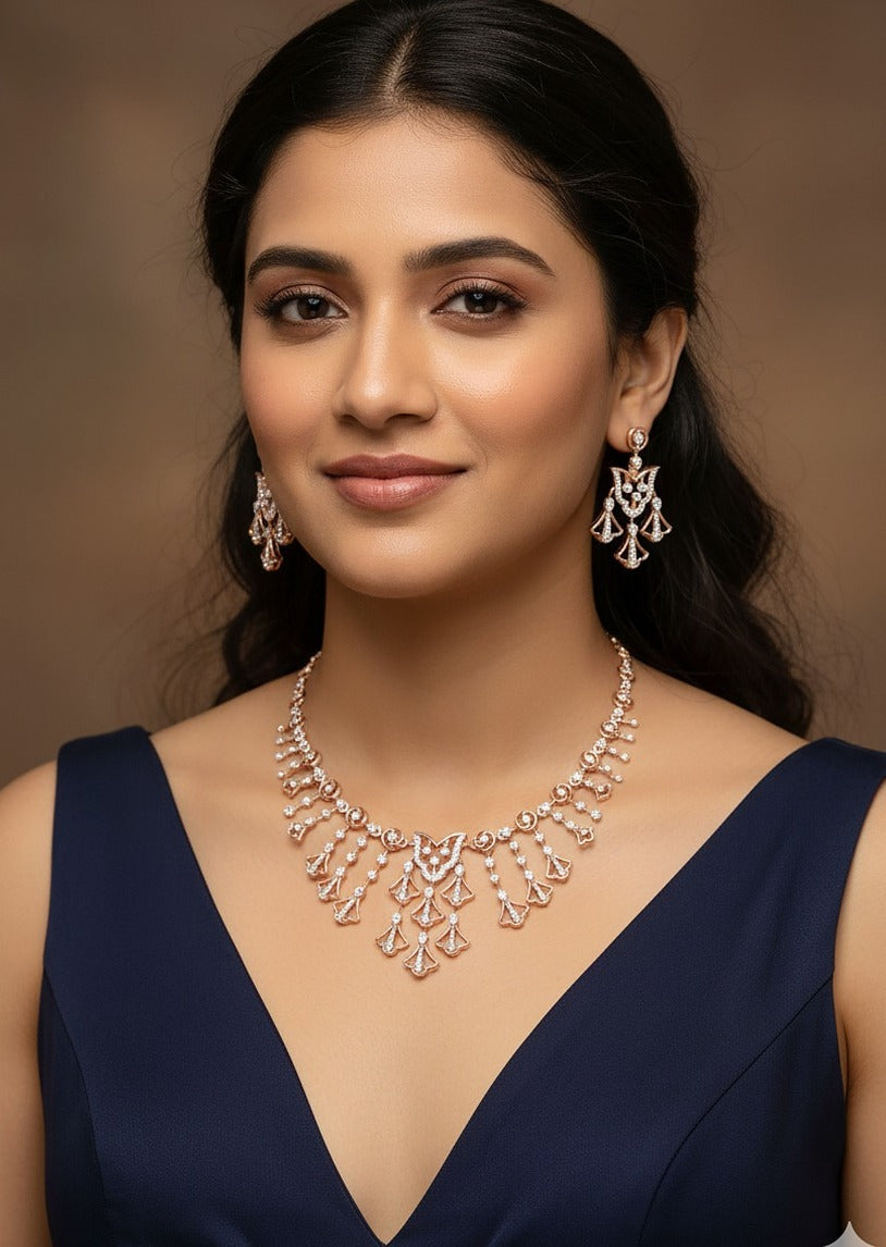 Woman wearing rose gold diamond tulip-drop necklace set — party wear and gifting jewelry in Dubai, UAE