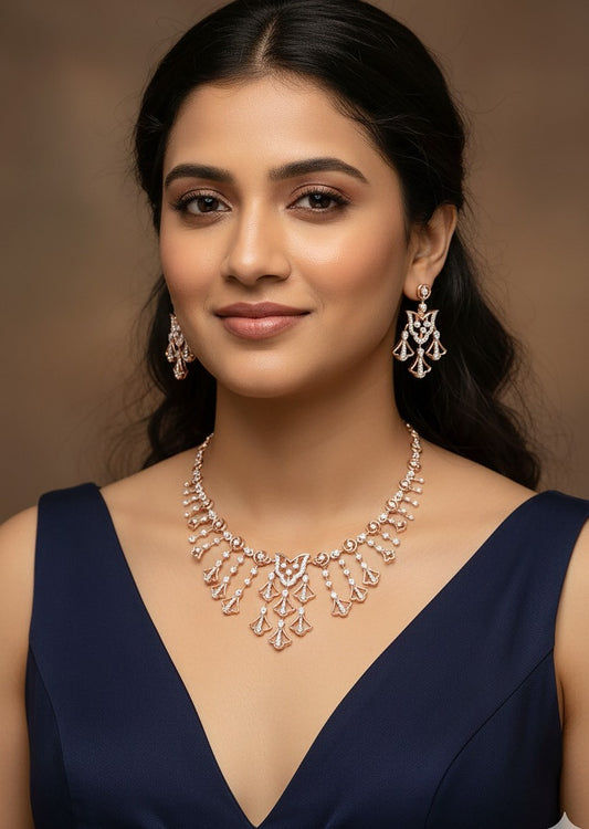 Woman wearing rose gold diamond tulip-drop necklace set — party wear and gifting jewelry in Dubai, UAE