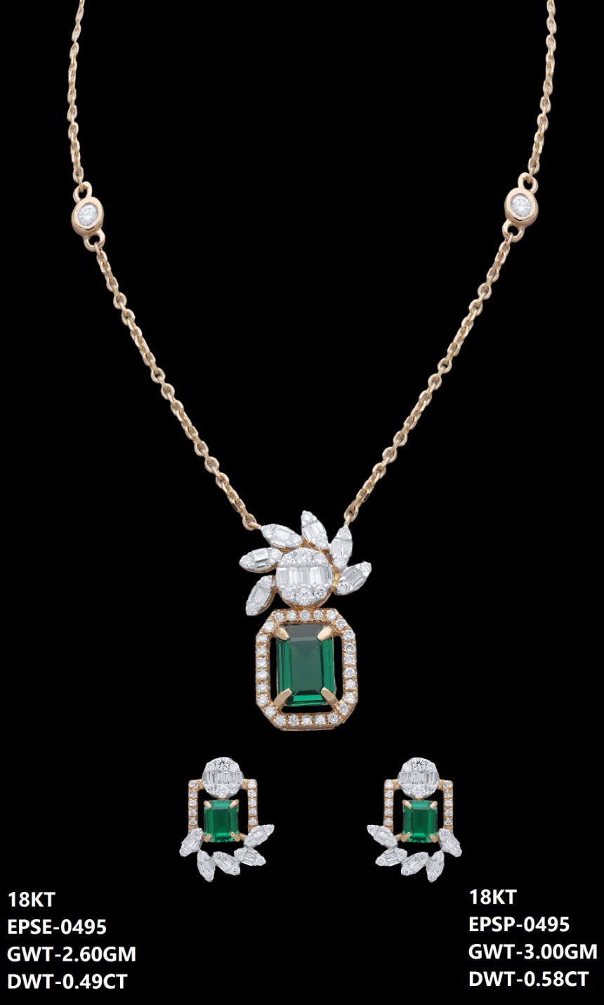 18K rose gold diamond and emerald necklace and earrings set, ideal for evening and party wear