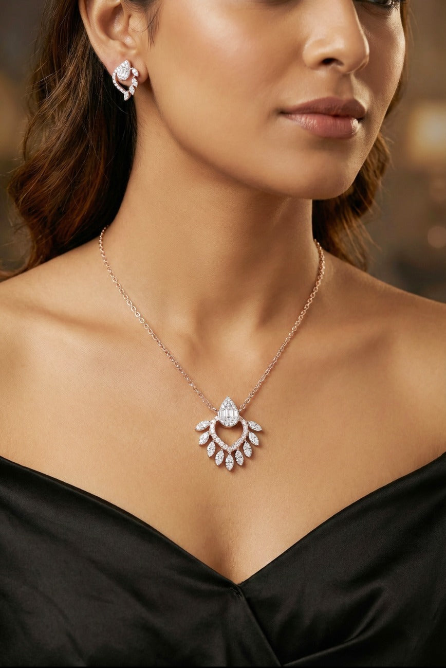 Woman wearing an 18K rose gold diamond fan-drop necklace set, ideal for Emirati and Khaleeji ladies at parties and weddings