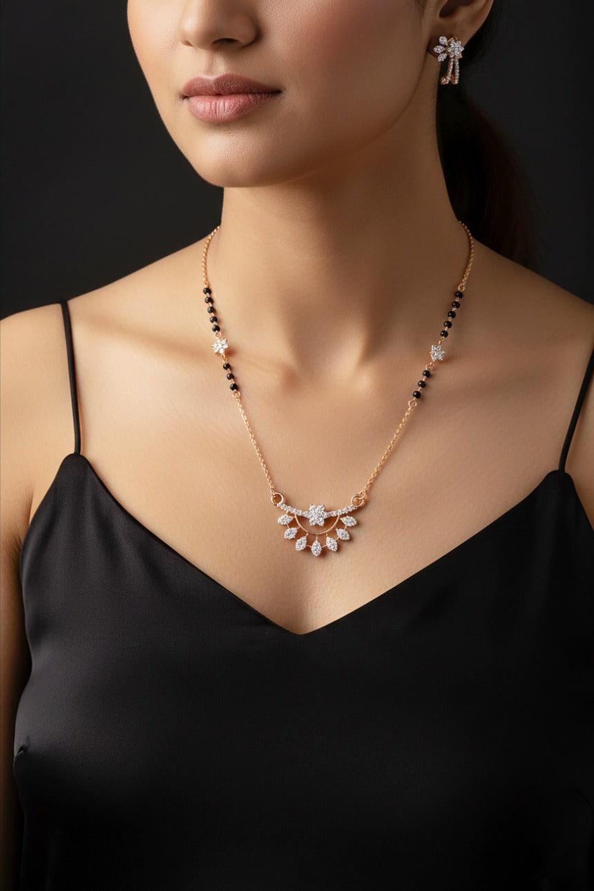Woman wearing an 18K rose gold diamond floral fan necklace set, perfect for daily wear and gifting