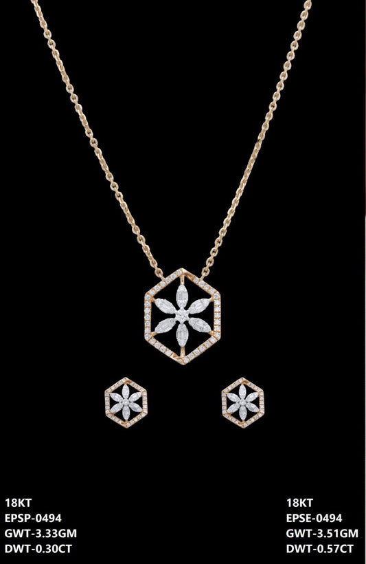 18K rose gold diamond hexagon flower necklace and earrings set, ideal for evening and party wear