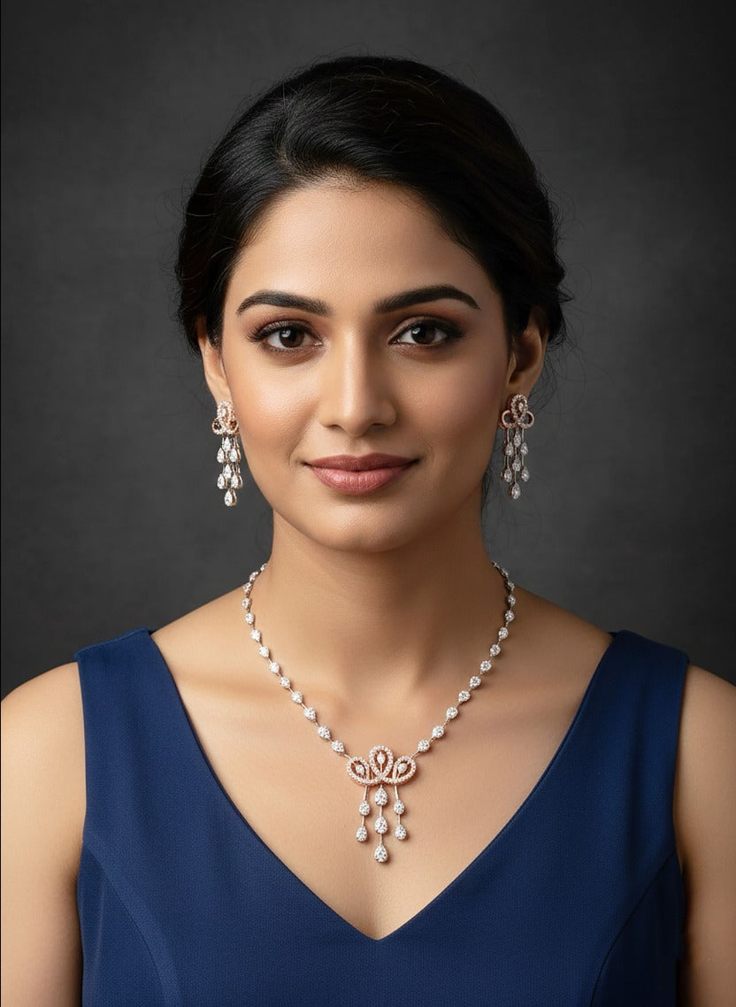 Woman wearing rose gold diamond necklace set — party wear and gifting jewelry in Dubai, UAE
