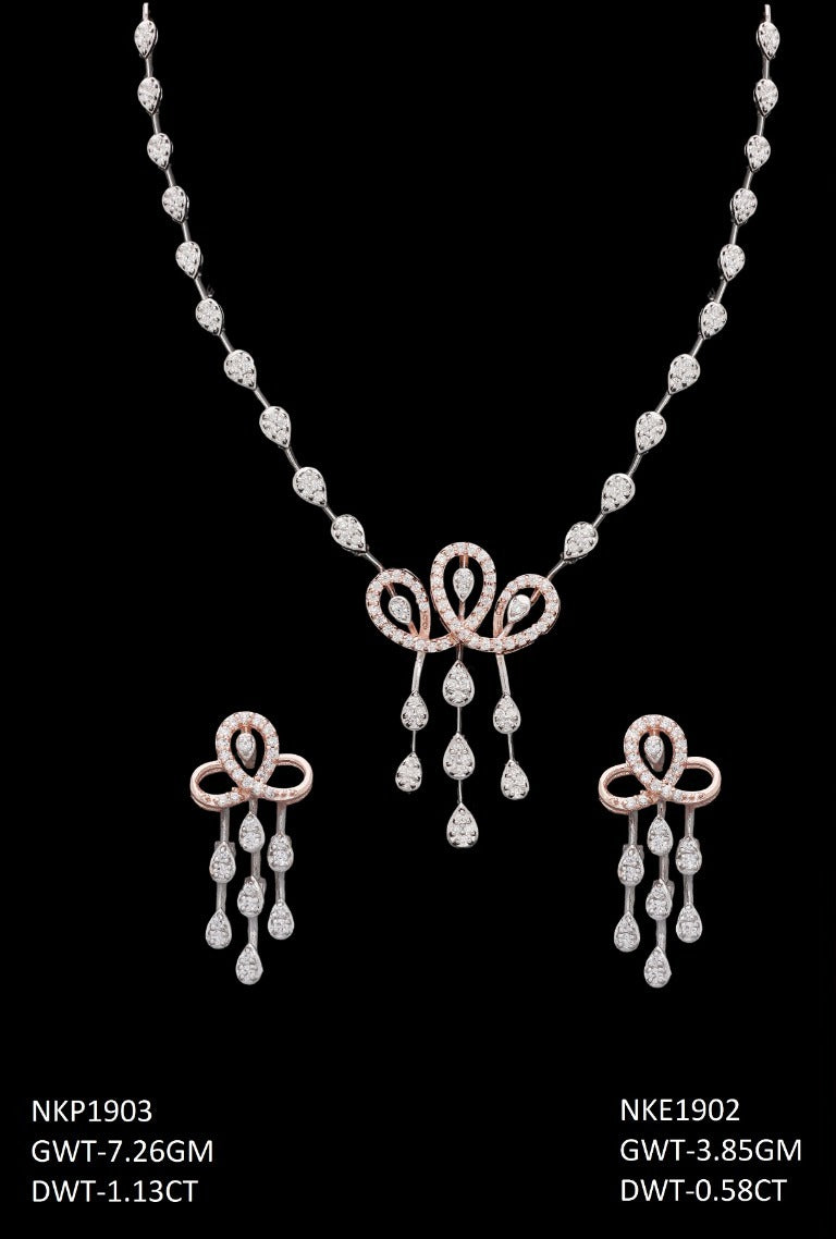 18K rose gold diamond necklace and earring set — party wear bridal jewelry, ideal gift, Dubai UAE