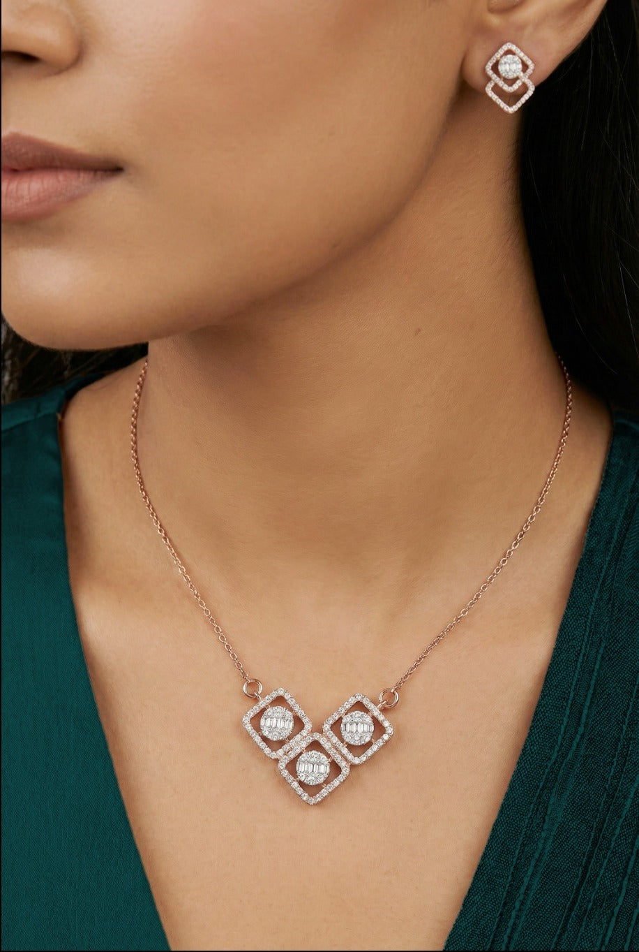Woman wearing an 18K rose gold diamond square cluster necklace set, ideal for Emirati and Khaleeji ladies at parties and weddings