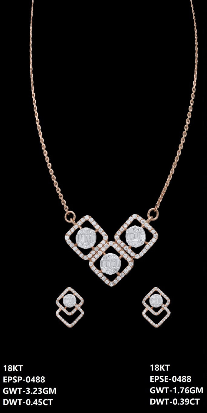 18K rose gold diamond square cluster necklace and earrings set, ideal for evening and party wear