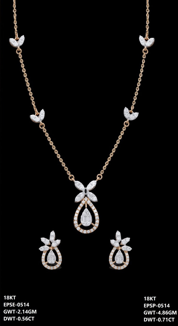 18K Italian rose gold diamond teardrop necklace and earrings set, party wear jewellery from J.H. Jewellers, Dubai UAE.