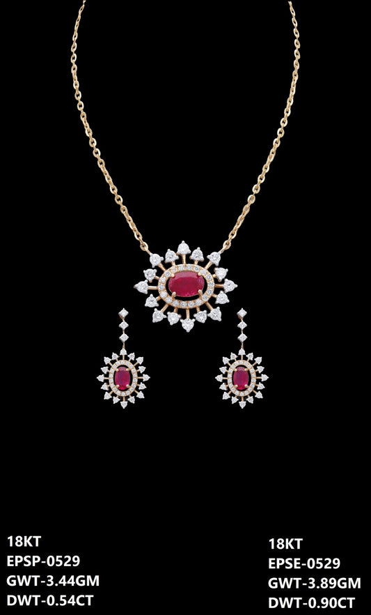 18K Italian rose gold ruby and diamond sunburst necklace and earrings set, party wear jewellery from J.H. Jewellers, Dubai UAE.