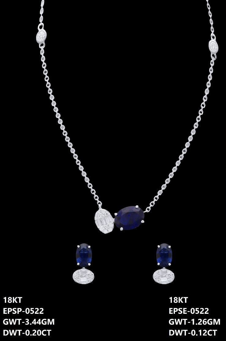 18K Italian white gold blue sapphire and diamond oval necklace and earrings set, party wear jewellery from J.H. Jewellers, Dubai UAE.