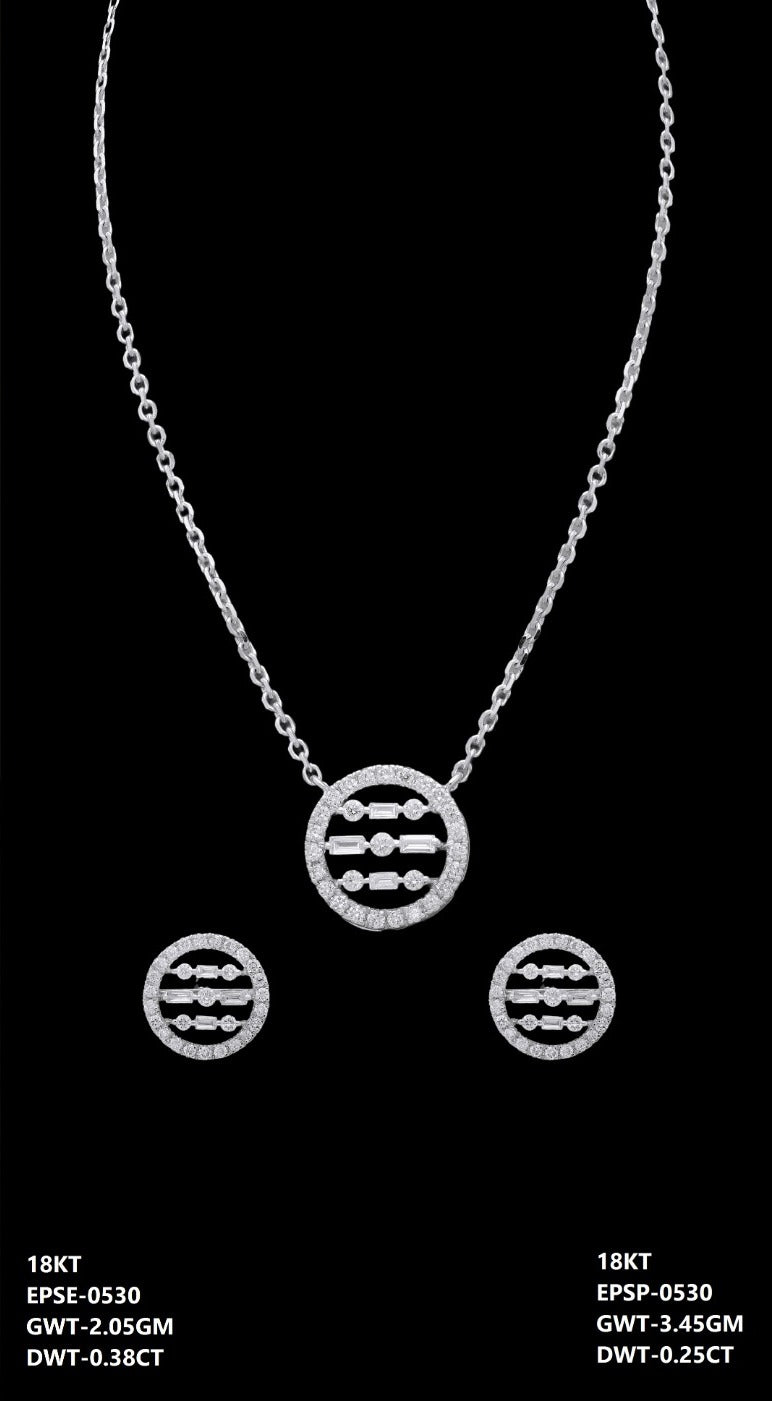 18K Italian white gold diamond circle disc necklace and earrings set, party wear jewellery from J.H. Jewellers, Dubai UAE.