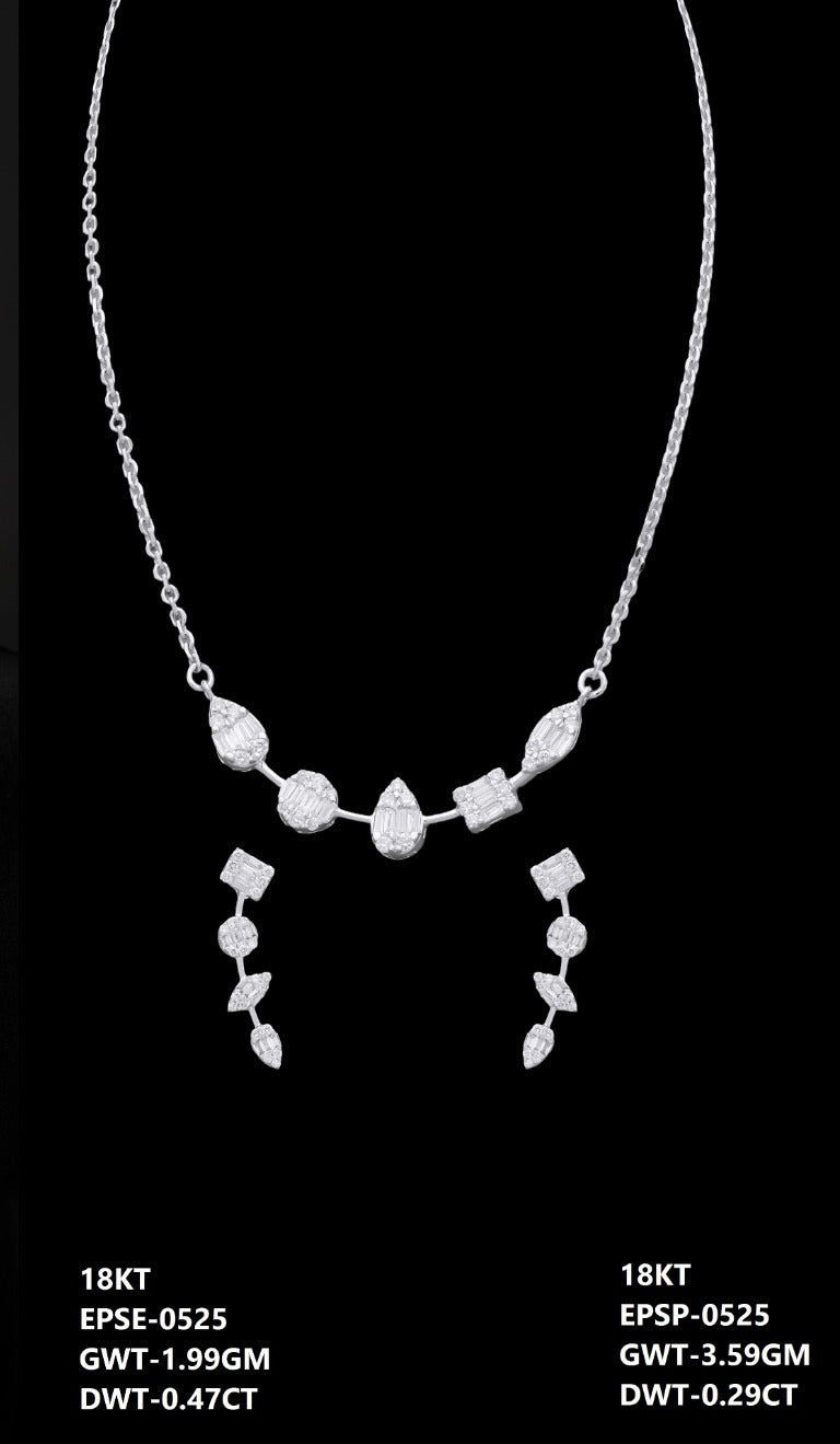 18K Italian white gold diamond cluster necklace and earrings set, party wear jewellery from J.H. Jewellers, Dubai UAE.