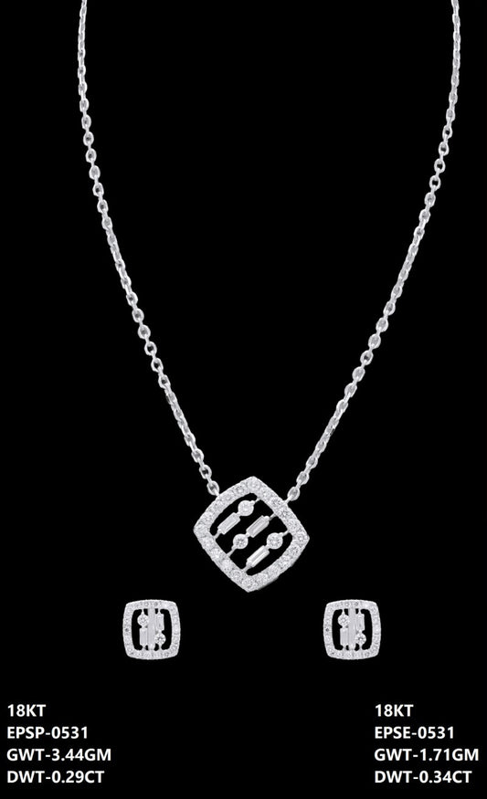 18K Italian white gold diamond cushion necklace and earrings set, party wear jewellery from J.H. Jewellers, Dubai UAE.