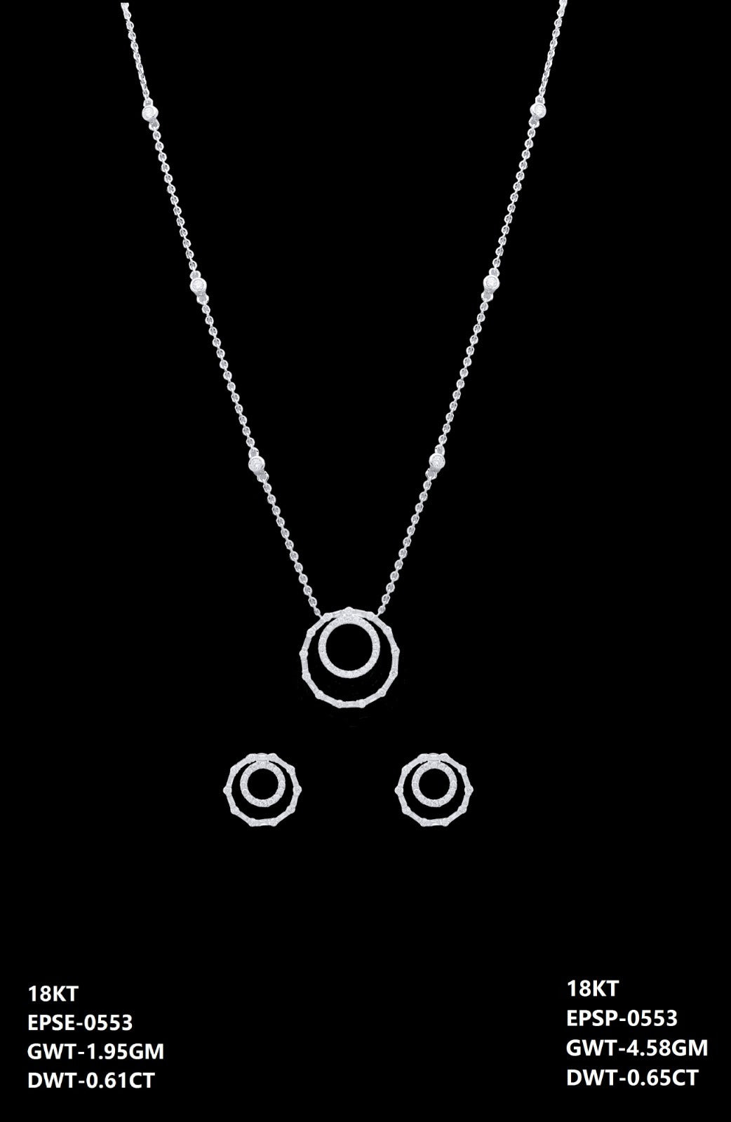 18K Italian white gold diamond double circle necklace and earrings set, party wear jewellery from J.H. Jewellers, Dubai UAE.
