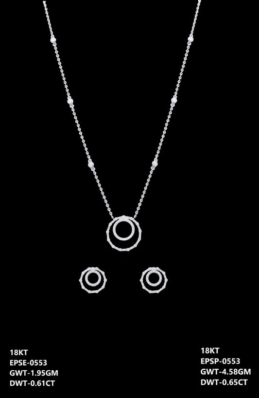 18K Italian white gold diamond double circle necklace and earrings set, party wear jewellery from J.H. Jewellers, Dubai UAE.
