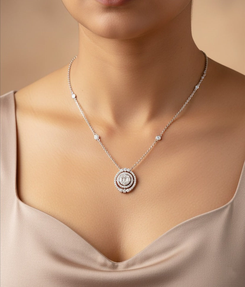 Woman wearing an 18K white gold diamond double halo necklace, ideal for Emirati and Khaleeji ladies for daily and party wear