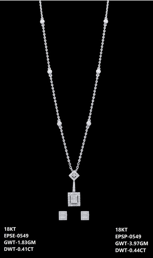 18K Italian white gold diamond square drop necklace and earrings set, party wear jewellery from J.H. Jewellers, Dubai UAE.