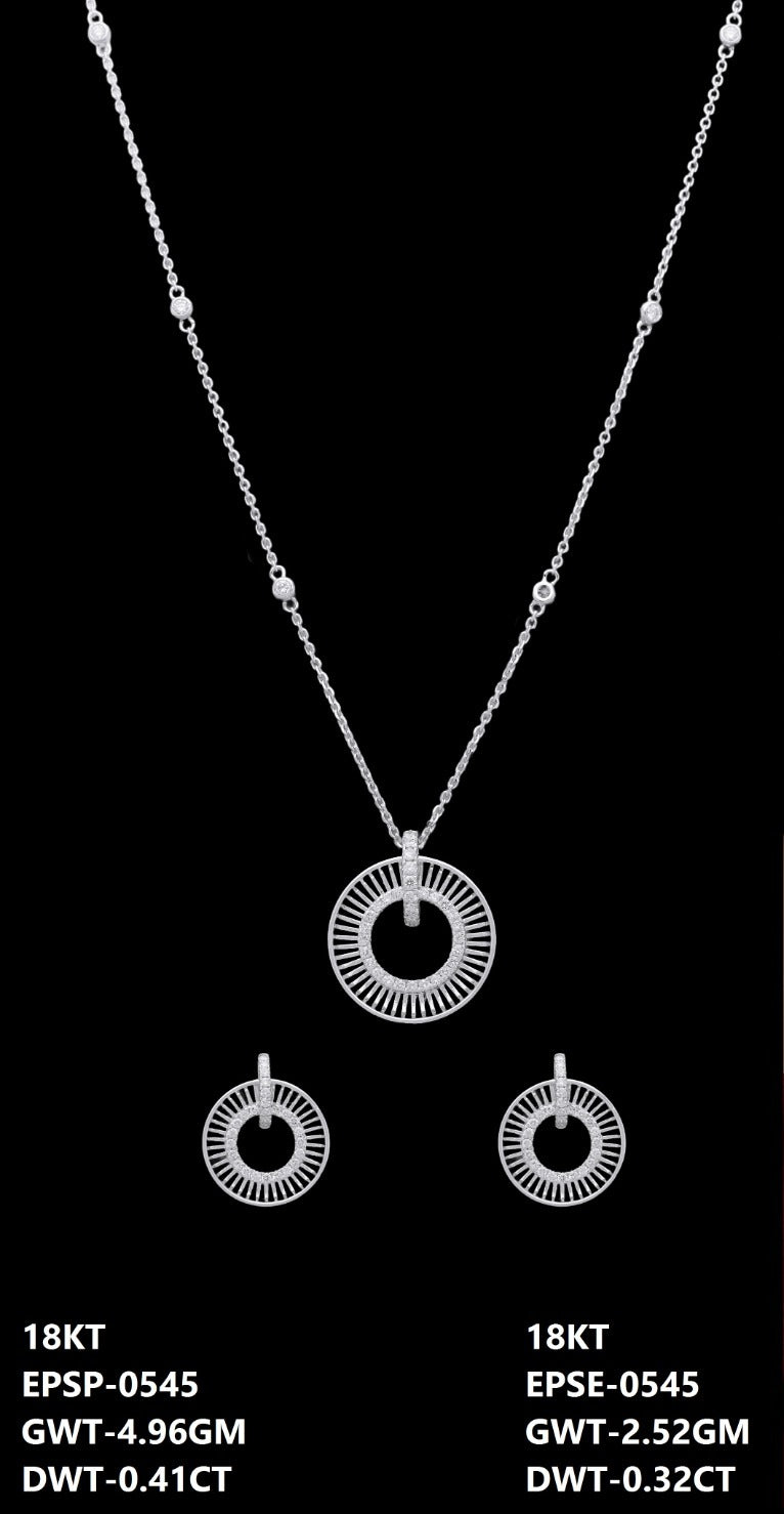 18K Italian white gold diamond sunray circle necklace and earrings set, party wear jewellery from J.H. Jewellers, Dubai UAE.