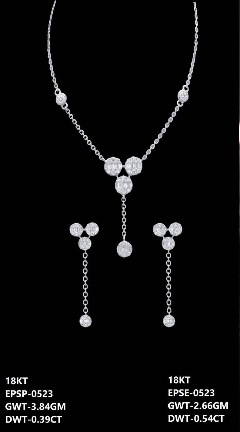 18K Italian white gold diamond trio-drop necklace and earrings set, party wear jewellery from J.H. Jewellers, Dubai UAE.