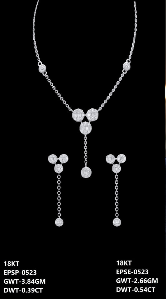 18K Italian white gold diamond trio-drop necklace and earrings set, party wear jewellery from J.H. Jewellers, Dubai UAE.