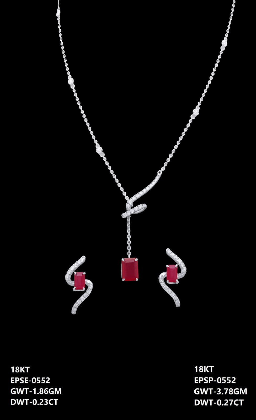 18K Italian white gold ruby and diamond swirl necklace and earrings set, party wear jewellery from J.H. Jewellers, Dubai UAE.