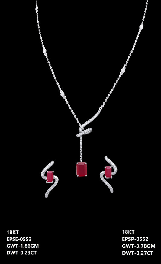 18K Italian white gold ruby and diamond swirl necklace and earrings set, party wear jewellery from J.H. Jewellers, Dubai UAE.