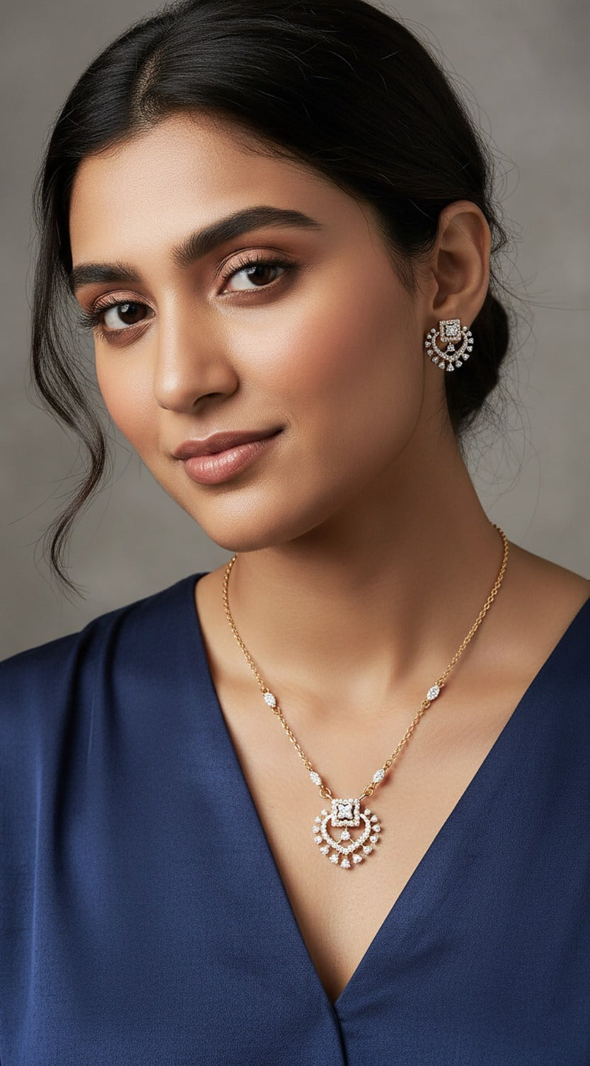 Woman wearing an 18K yellow gold diamond chandbali necklace set, ideal for Emirati and Khaleeji ladies at parties and weddings