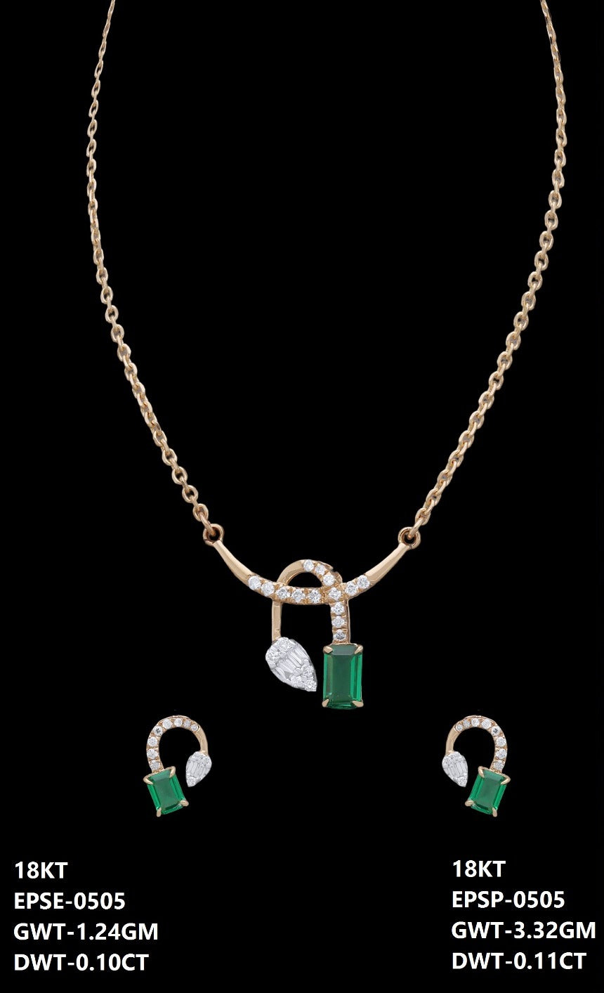 18K yellow gold diamond and emerald necklace and earrings set, ideal for evening and party wear