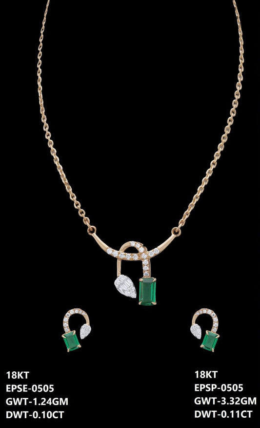 18K yellow gold diamond and emerald necklace and earrings set, ideal for evening and party wear