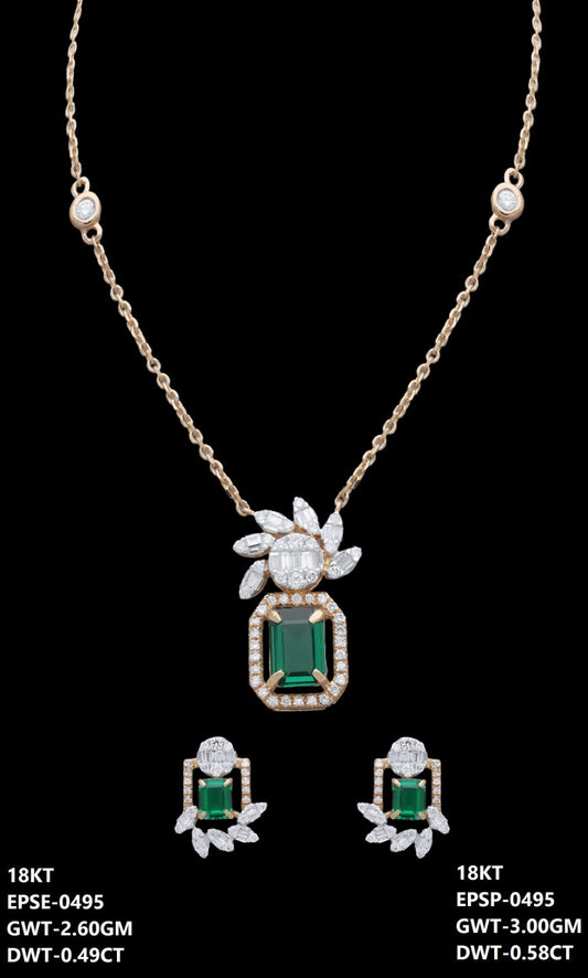 18K yellow gold diamond and emerald necklace and earrings set, ideal for evening and party wear