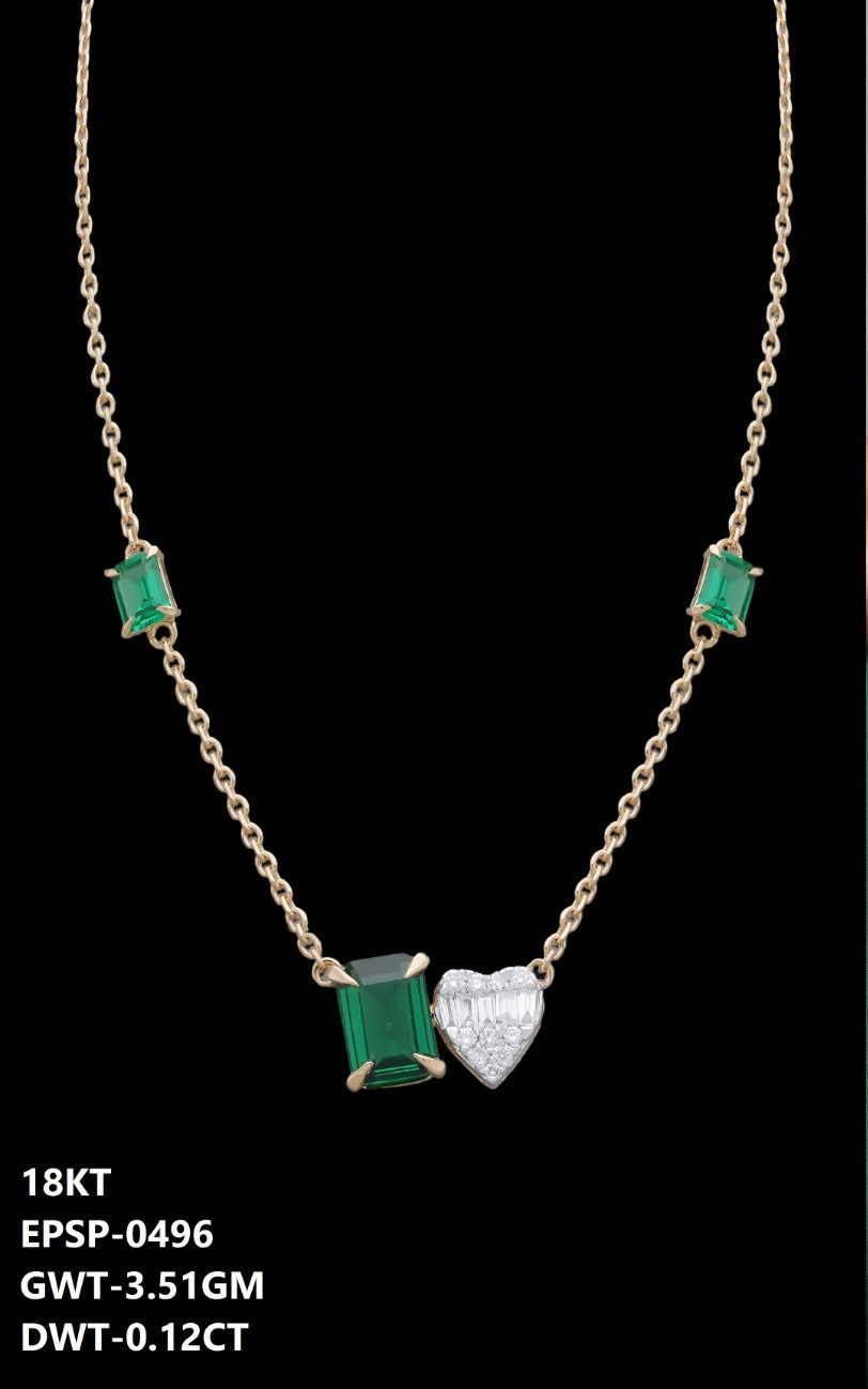18K yellow gold diamond and emerald heart pendant necklace, ideal for daily and evening wear