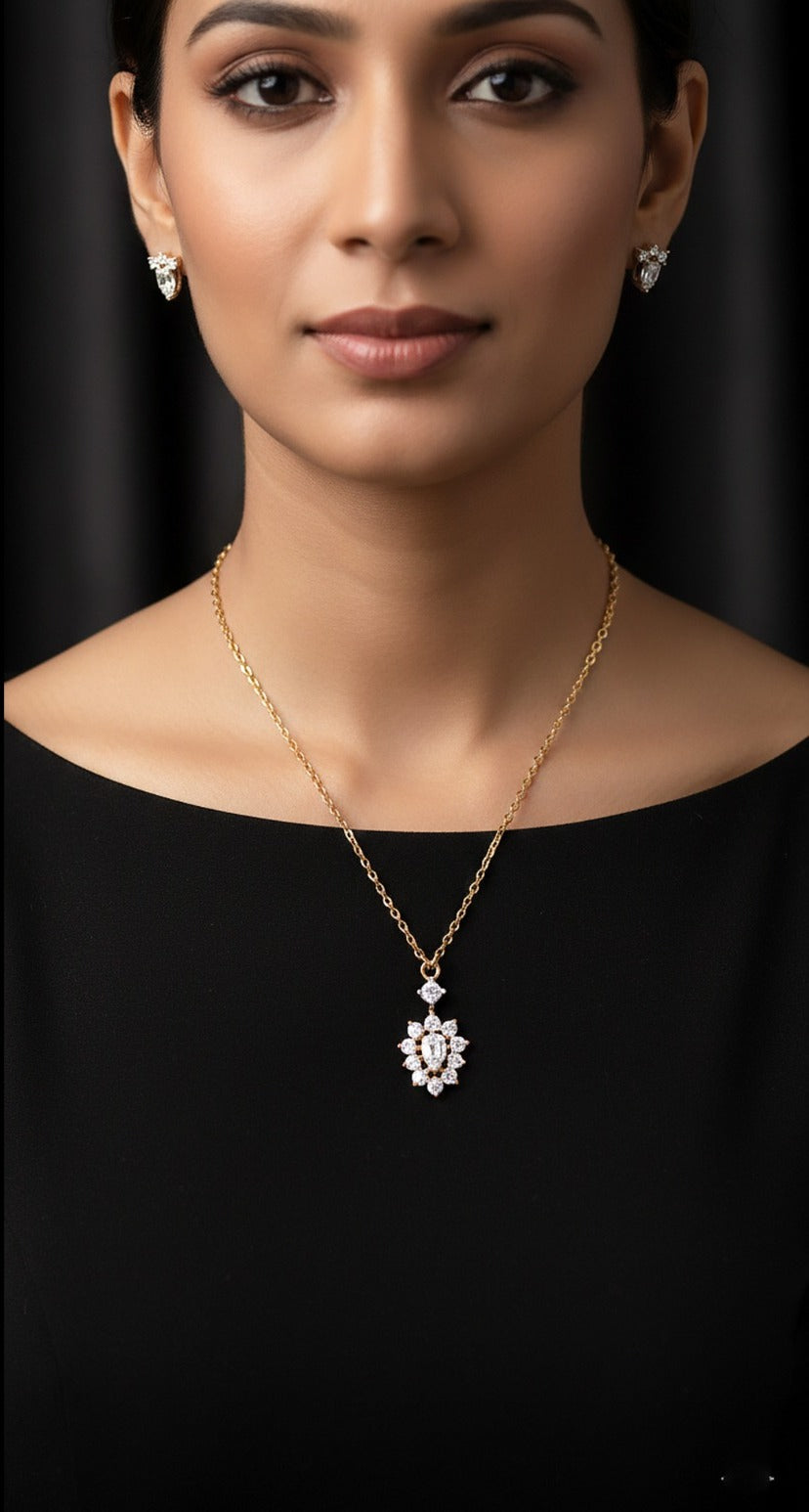 Woman wearing an 18K yellow gold diamond floral cluster necklace set, ideal for Emirati and Khaleeji ladies at parties and weddings