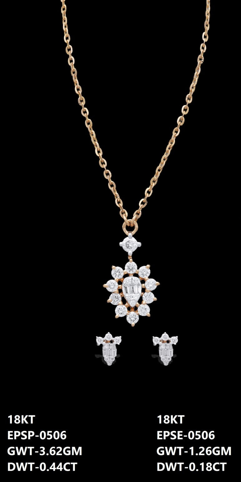 18K yellow gold diamond floral cluster necklace and earrings set, ideal for evening and party wear