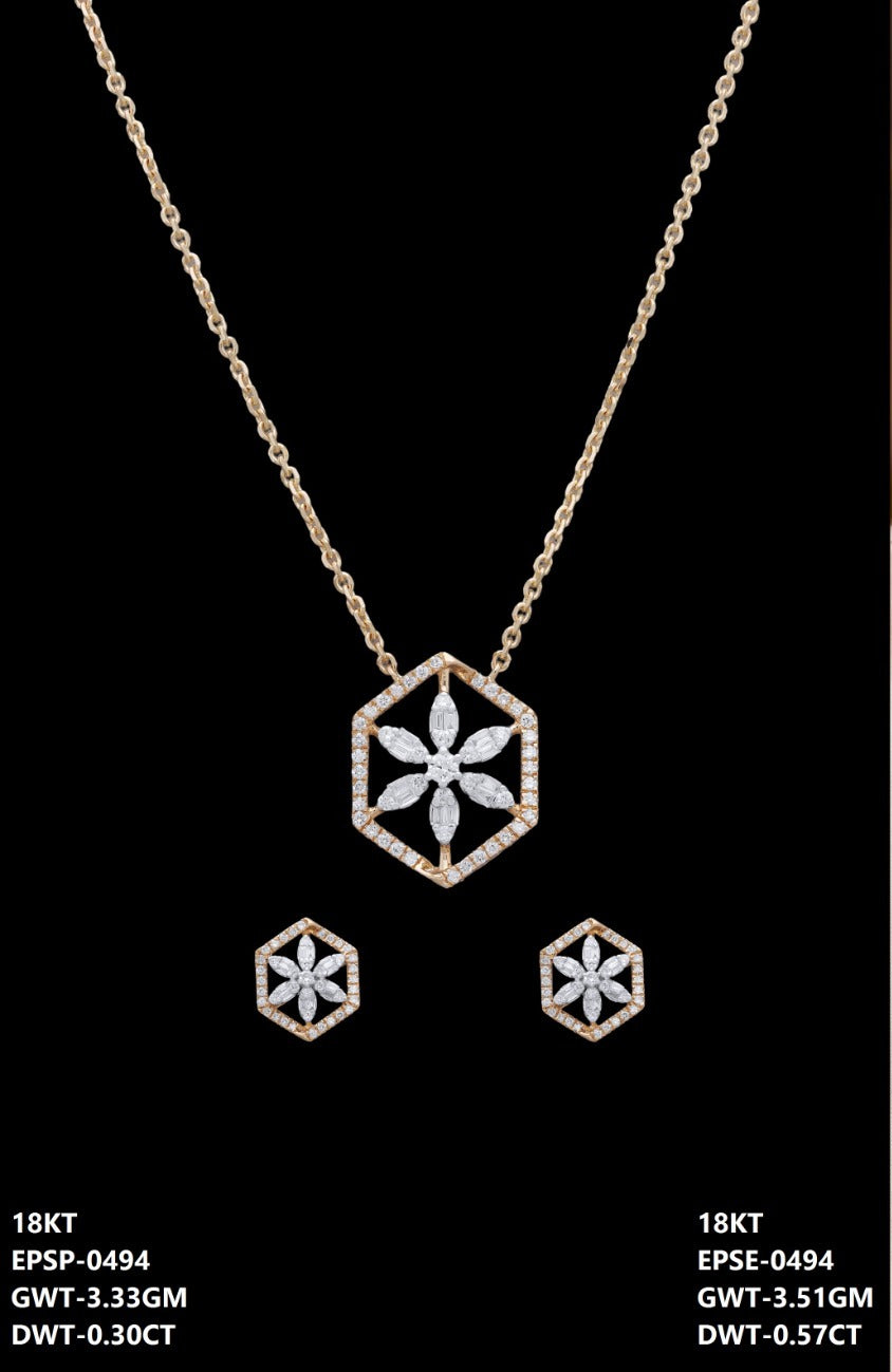 18K yellow gold diamond hexagon flower necklace and earrings set, ideal for evening and party wear