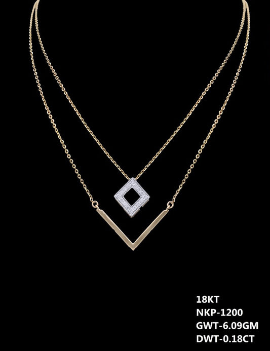 18K Italian yellow gold diamond layered necklace with square pendant, daily and party wear jewellery from J.H. Jewellers, Dubai UAE.