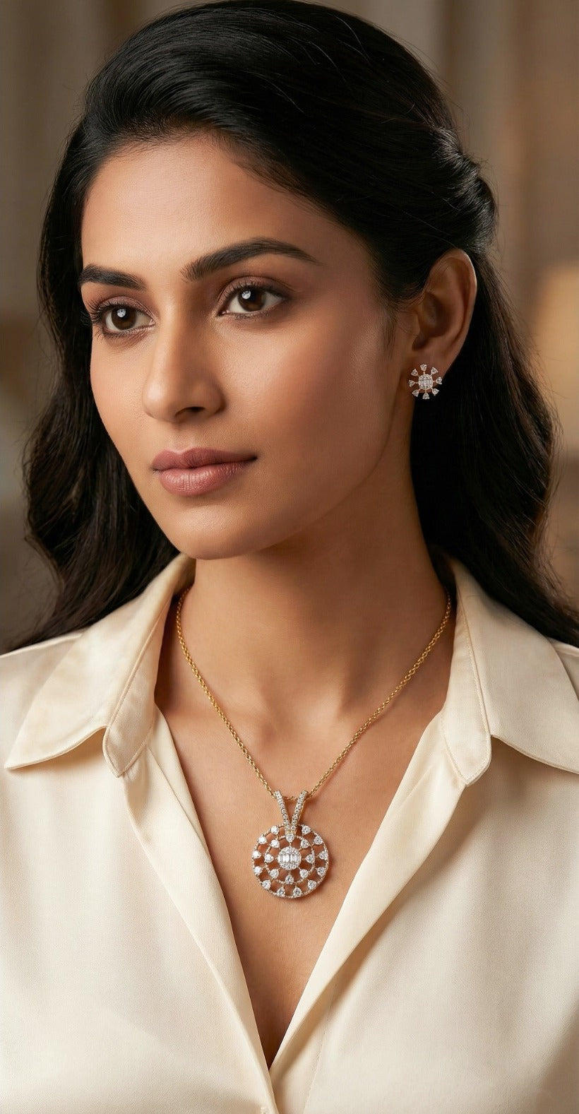 Woman wearing an 18K yellow gold diamond mandala necklace set, ideal for Emirati and Khaleeji ladies at parties and weddings
