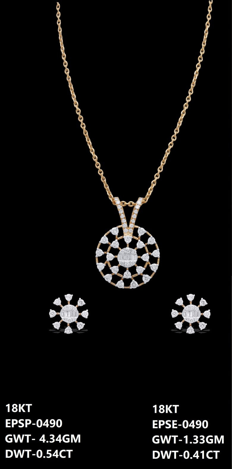 18K yellow gold diamond mandala necklace and earrings set, ideal for evening and party wear