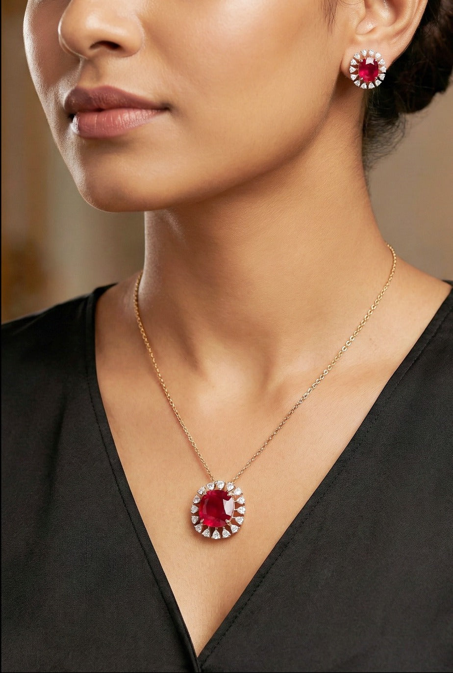 Woman wearing an 18K yellow gold diamond and ruby necklace set, ideal for Emirati and Khaleeji ladies at parties and weddings