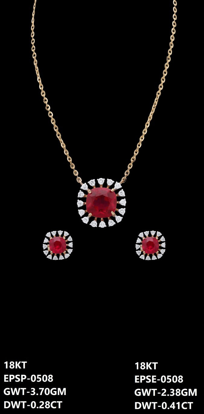 18K yellow gold diamond and ruby necklace and earrings set, ideal for evening and party wear