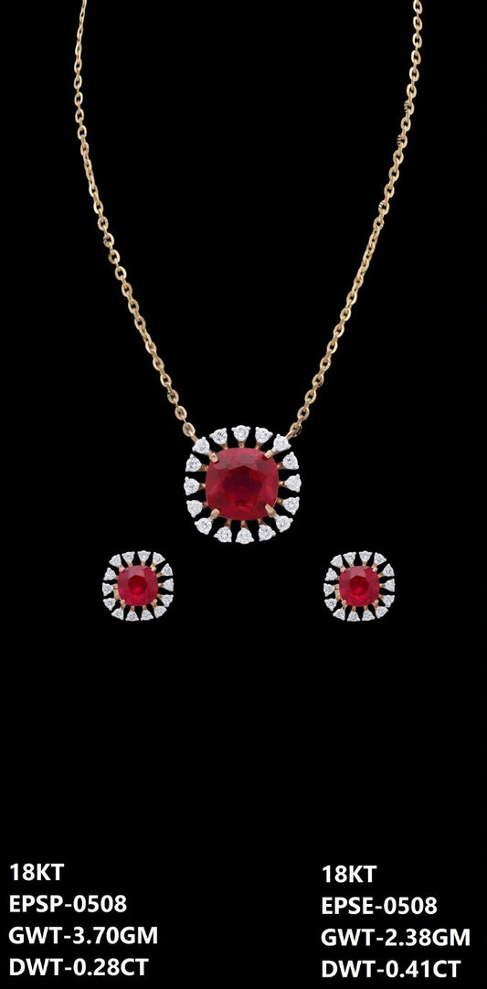 18K yellow gold diamond and ruby necklace and earrings set, ideal for evening and party wear