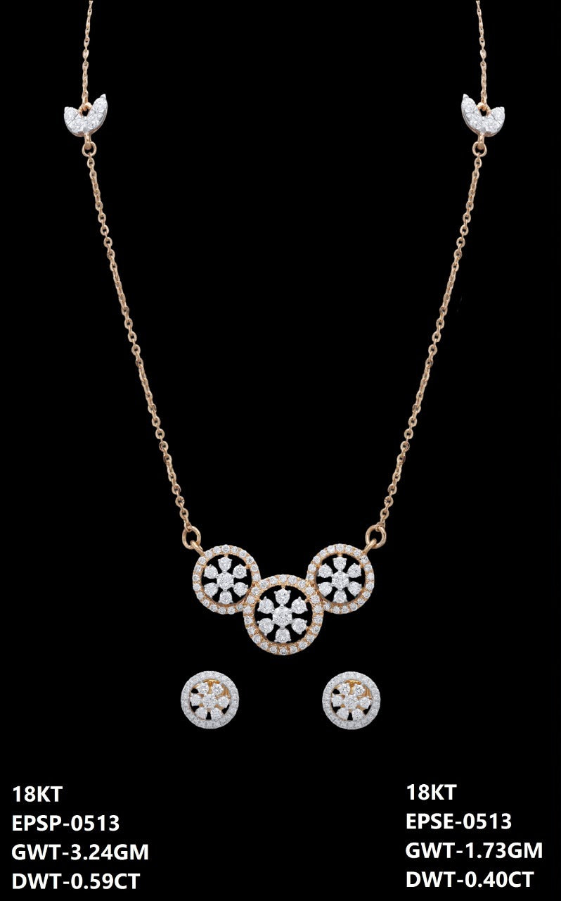 18K Italian yellow gold diamond triple circle necklace and earrings set, party wear jewellery from J.H. Jewellers, Dubai UAE.