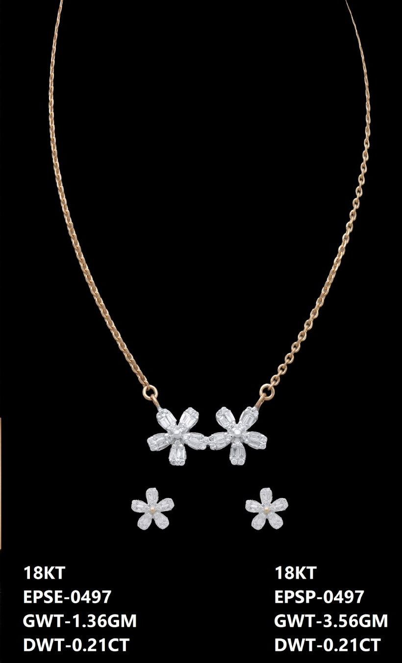 18K yellow gold diamond twin flower necklace and earrings set, ideal for daily and evening wear