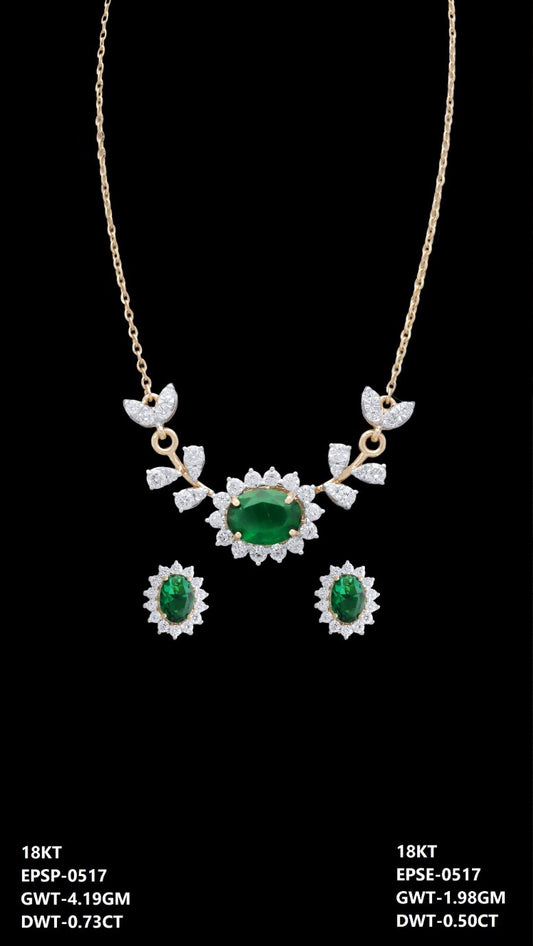18K Italian yellow gold emerald and diamond oval necklace and earrings set, party wear jewellery from J.H. Jewellers, Dubai UAE.